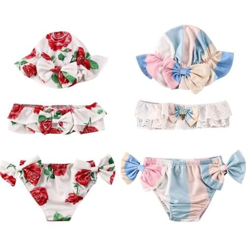 3Pcs Toddler Baby Girls Kids Bikini Sets 0-24M Striped Floral Print Swimsuit Swimwear Bathing Suit Tankini Bikini Sets