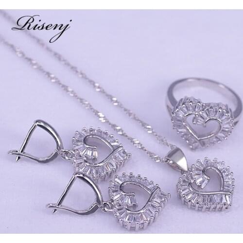 Unique Design Heart 925 Sterling Silver Jewelry Set Top Cubic Zircon Costume Jewelry Set For Women Earrings ring Necklace Set