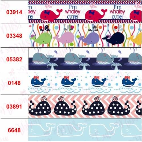 16mm-75mm Cartoon Whale Starfish Shell Butterfly Printed Grosgrain/Elastic Ribbon DIY Hair Bowknots Party Decor 50yards/roll