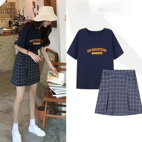 Summer Suit Female 2021 New Loose Korean Student Short-sleeved T-shirt + High Waist Plaid A-line Skirt