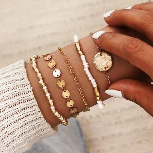 5 Pcs/Set Simple Women Bracelets Set Handmade Bead Disc Chain Gold Bracelet Fashion Wedding Party Female Jewelry