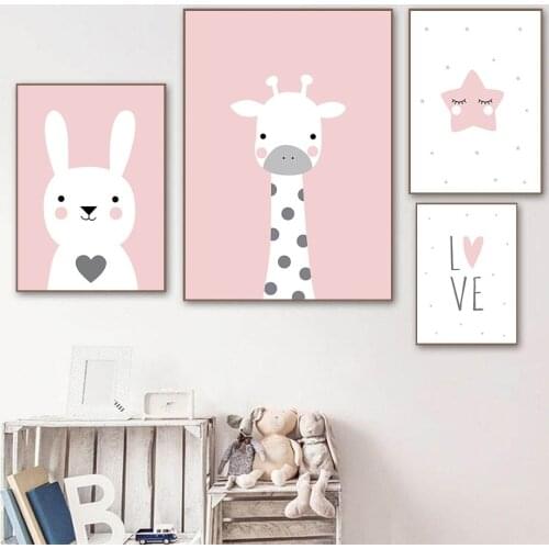 Pink Star Love Posters Baby Rabbit Giraffe Art Canvas Print Nursery Wall Art Painting Nordic Poster Pictures Girls Room Decor