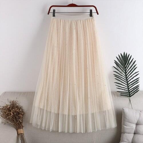 Same style for autumn and winterFaWomen Long Skirt Elegant Spring Summer A Line Pearl High Waist Party Tulle Midi Pleated Skirt