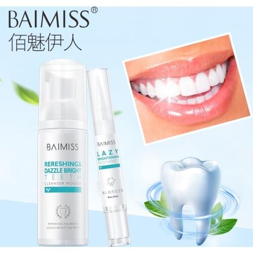 BAIMISS Teeth Whitening Pen + Mousse Toothbrush Gel Dental Tools Oral Hygiene Removes Plaque Stains 2pcs