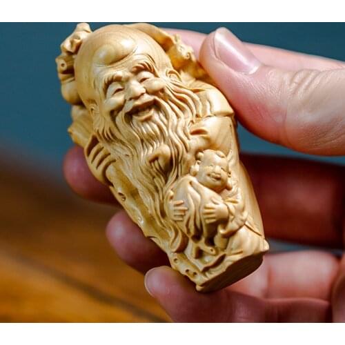 Boxwood 7cm Longevity God Sculpture Wood Carving Buddha Statue Three Stars Home Decor