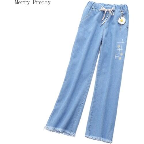 Blue Minimalist Washed Casual wide leg pants floral embroidery Denim Jeans Women 2020 spring elastic Waist Ladies Trousers