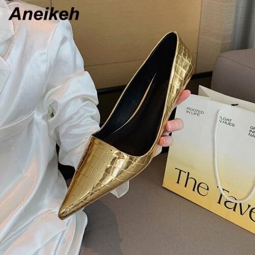 Aneikeh Pointed Toe Checkered Shallow Party Pumps 2021 Spring/Autumn Women Shoes Patent Leather Fashion Thin Heels Dress Slip-On