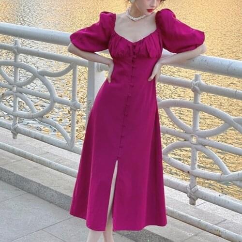 Vintage Evening Party Midi Dresses Ladies Solid Korean Fashion Elegant Split Dress Hepburn Summer Casual Clothes for Women 2021