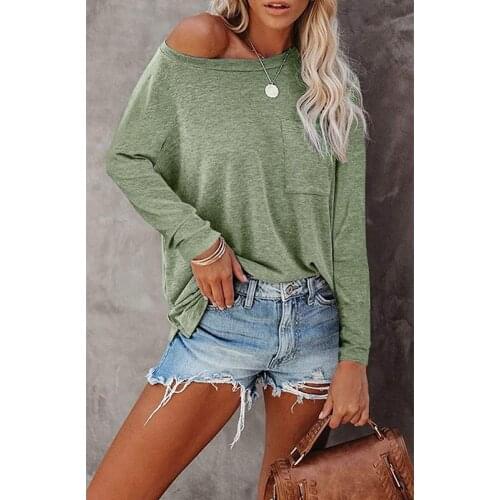 Autumn and Winter Women Round Neck Pocket Slit Long Sleeve Casual Loose Top T-Shirt Solid Color Fashion Basic Clothes Plus Size