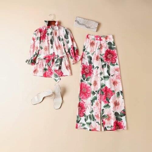 European and American womens clothing new 2021 spring floral print shirt three-quarter sleeves Wide-legged pants Fashion suits