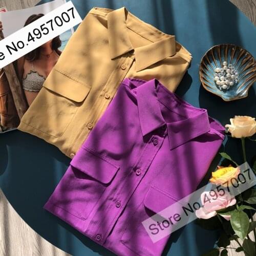 Women Long Sleeve Lapel Double Pockets Solid Color Silk Blouse Shirt Top