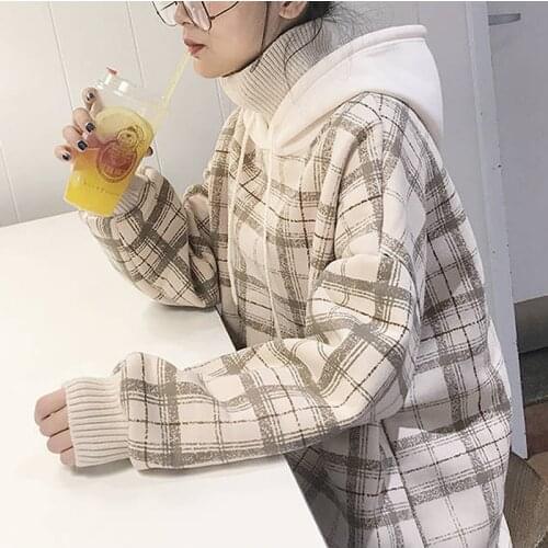 Women Sweatshirt 2021 Winter Plaid Pirnted Fleece Hoodies Cotton Hooded Sweatshirt Casual Loose Hooded Pullover Oversize Jacket