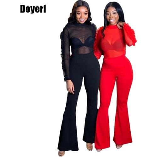 2 Piece Set Women Outfits Party Sexy Club Two Piece Set Elegant Ruffle Mesh Crop Top Flare Pants Set Sister Matching Clothes