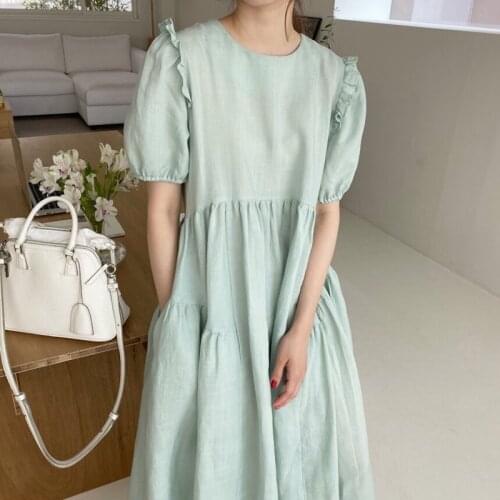 Korean Chic Summer Gentle Round Neck Wooden Ear Stitching Loose Fold Design Puff Sleeve Doll Dress Female