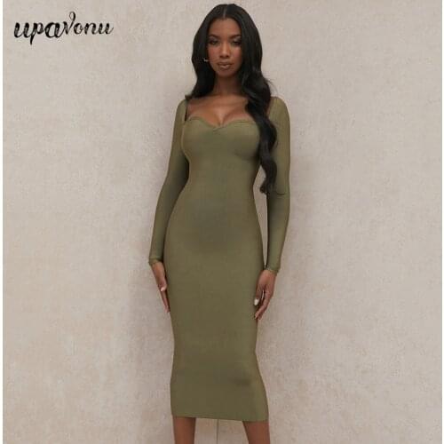 Free Shipping 2021 New Summer Womens Bandage Dress V-neck Long Sleeve Bodycon Midi Dress Elegant Club Evening Party Vestidos