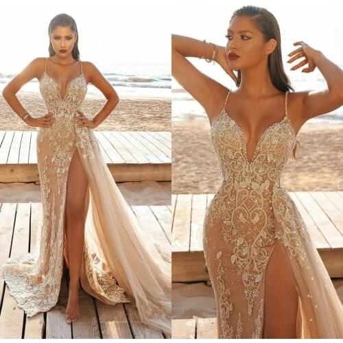 2021 Champagne Mermaid High Split Overskirt Prom Dresses robes de soirée Spaghetti Straps Lace Beaded Evening Gowns