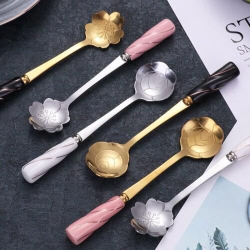 1pcs Creative Japanese Golden Cherry Dessert Spoon Cute Ceramic Handle Stainless Steel Coffee Stirring Spoon Gift