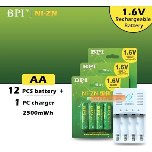 12Pcs NiZn Ni-Zn 1.6V AA 2500mWh Rechargeable Battery + NiZn smart Charger
