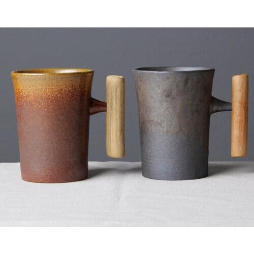 300ml Vintage Crude Ceramic Coffee Mug Drinking Cup Drinkware Coffee Tea Milk Beer Water Mug with Wooden Handgrip