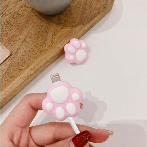 4Pcs Cute Pink Cartoon Cat Paws Cable Winder Protector for iPhone Cable Kawaii Desktop Wire USB Cable Charger Earphone Protector