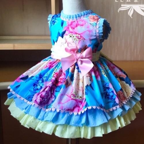 Baby Girl Summer Blue lolita Girl Vintage Spanish bow Princess England Ball Gown Dress for Girl Birthday Party