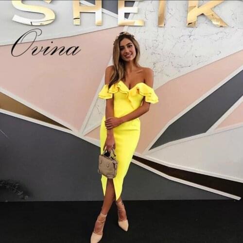 3 Color Celebrity Slash Neck Ruffles Sleeve Cut Cut Mid Calf Rayon Bodycon Bandage Dress Night Party Dress