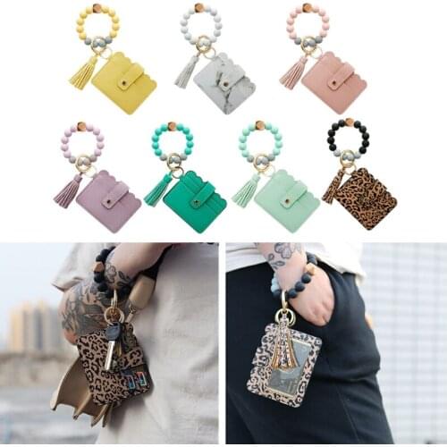Wristlet Keychain Silicone Beaded Bracelet Leather Tassel Wallet Bangle Car Key Ring Card Holder for Women Girls