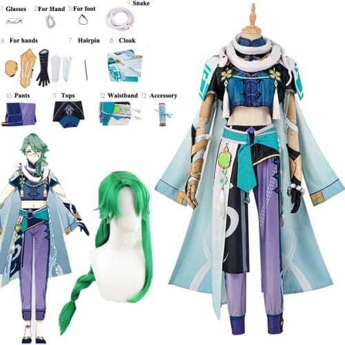 Genshin Impact Cosplay Baishu Cosplay Costumes Baishu Wigs Removable Bun Baishu Green Long Straight Braided Ponytail Hairs Shoes