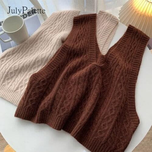 JulyPalette Vintage Sweater Vest Women Fall Winter Solid V-neck Short Knitted Waistcoat Fashion Sleeveless Knitting Tops 2021