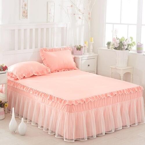 Lace Ruffles Bedspread Bed Skirt Romantic Wedding Bedding 1/3pc Girls gift Bedclothes Mattress Cover Pillowcases Twin Queen King