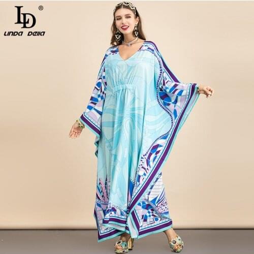 LD LINDA DELLA 2021 Designer Bohemian Holiday Party Maxi Dresses Women V-neck Batwing Sleeve Print Elegant Loose Long Dress robe