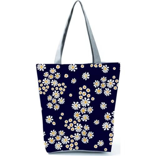 Fashion Floral Printed Handbag High Capacity Dark Blue Shopping Bag Ladies Casual Eco Reusable Beach Shoulder Bag Custom Pattern