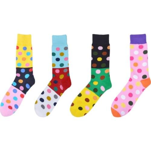 Peonfly Hot 2020 Happy Men Hit Color Patchwork Pattern Design Cotton Colorful Dot Striped Crew Socks Funny Gift