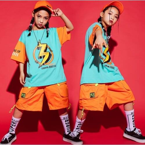2020 New Boy Girls Short-Sleeved Street Jazz Dance Suit Children Hiphop Clothes Summer Kids Jazz Dance Costumes Tide DWY3530