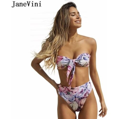 JaneVini 2021 New Arrival Floral Bikini Thong Set Strapless Bikini Top Women Beach Bathing Suit Swimwear Conjunto Lenceria Mujer