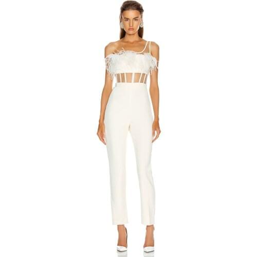 New Arrival White Jumpsuit New Fashion Feathers Hollow Out Jumpsuits Celebrity Party Night Jumpsuit Mono
