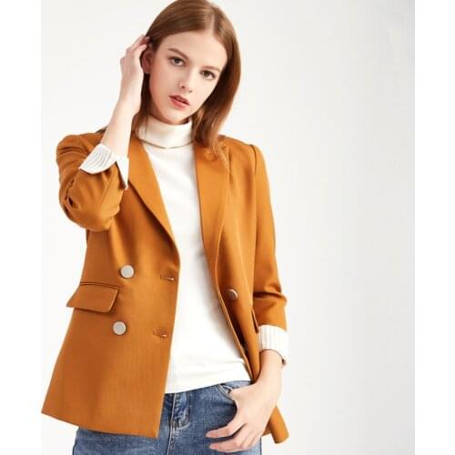 2021 Autumn Fashion Women Long Sleeve Stylish Double Breasted Slim Bazlers Chic Casual Solid Yellow Jacket Coat