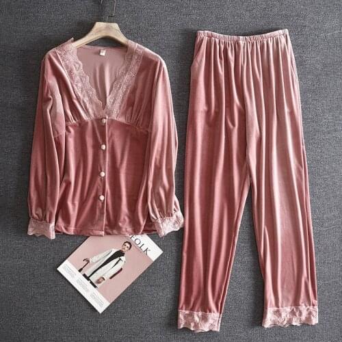 Autumn Women Lace Floral Velour Pajamas Sets 2PCS Bride Pyjamas Suit Sexy V-Neck Sleepwear Underwear Nightwear Lingerie Homewear