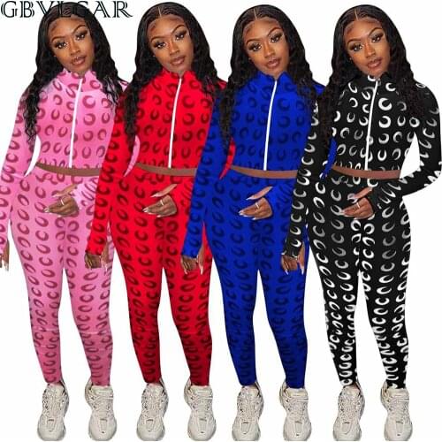 Autumn Women Streetwear Outfits Long Sleeve Crop Top Leggings Moon Print Zipper Two Piece Set Female Matching Set Tracksuit