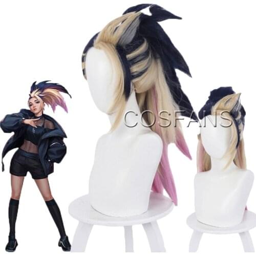 50CM wig KDA Baddest Akali Cosplay Wigs LOL KDA Cosplay Blonde Mixed Blue Pink Wigs Ponytail Heat Resistant Synthetic Hair
