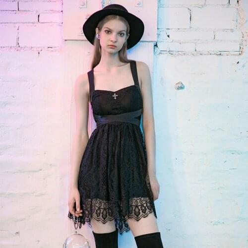 PUNKRAVE Womens Gothic Collect Waist Lace Strap Dress Punk Fashion Sexy Cross Back Party Casual Short Dresses