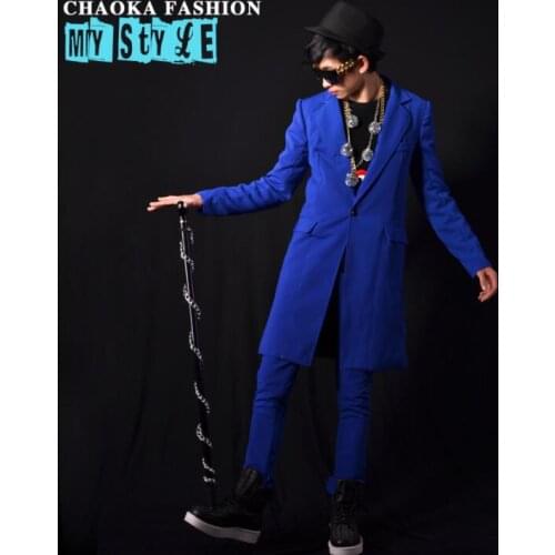 Blue blazer men suits designs jacket mens long coat stage costumes singers clothes dance star style dress punk rock