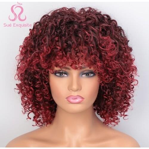 SUe EXQUISITE Afro Kinky Curly Wig With Bangs Brown Mixed Blonde Hair Synthetic Wigs for Black Women Heat Resistant Natural Wigs