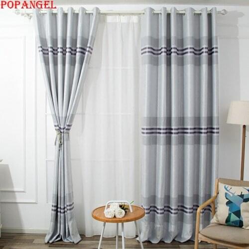 Popangel High Quality 100% Polyester Stripe Gray Thermal Insulated Blackout Living Room Window Curtain Simple Modern Curtains