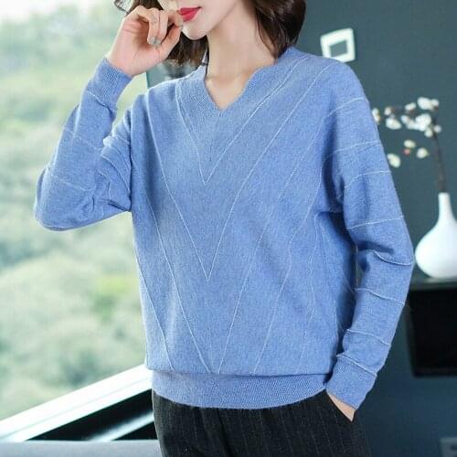 Spring New Korean Pullovers Women V-collar Loose Striped Bottom Knitted Sweater Ladies Thin Long Sleeve Casual Sweaters H9362