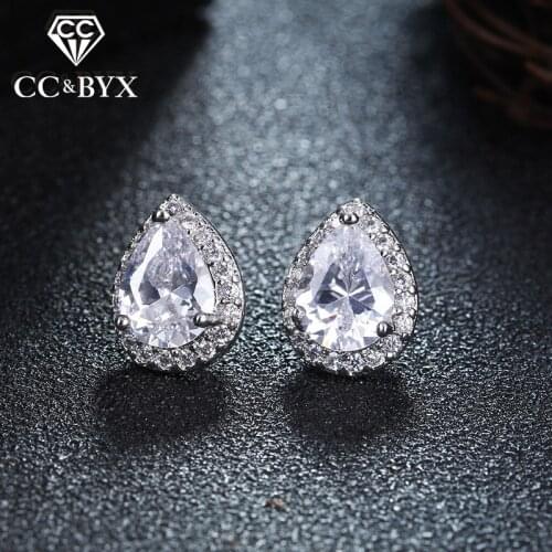 White Gold Color S925 Stud Earrings For Women Water Drop Cubic Zirconia Fine Earring Brincos Silver Color Fashion Jewelry E051