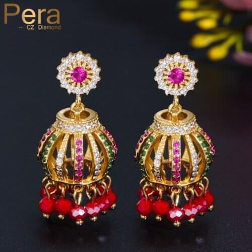 Pera Bohemian Colorful CZ Paved Vintage Gold Color Crown Shape Tassel Big Dangling Pearl Drop Earrings for Women Jewelry E450