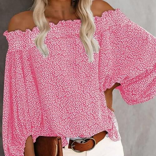 2021 Women Plus Size Long Sleeve Off Shoulder Floral Print Lantern Sleeve Top Long Sleeve Blouse