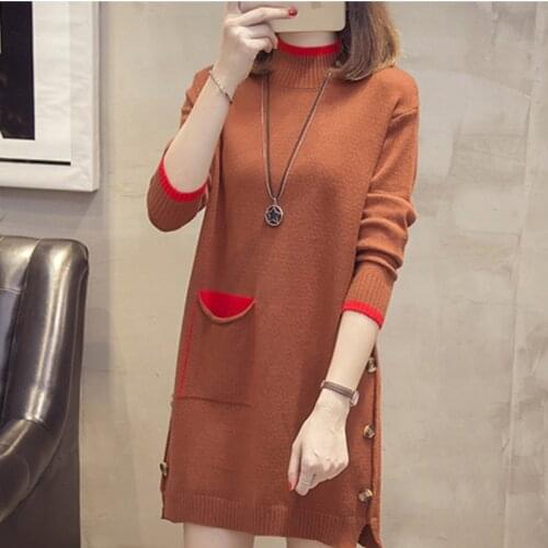 2020 Autumn Winter Women Half High Collar Loose Sweaters Pullovers Long-sleeved Pocket Buttons Lady Knitted Jumper Ropa De Mujer