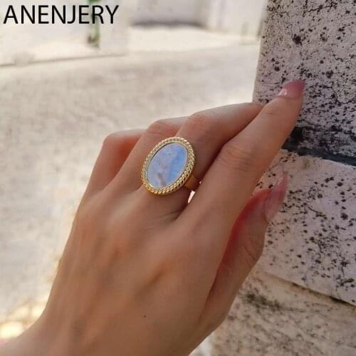 ANENJERY 925 Sterling Silver Baroque Oval-shaped Shell Adjustable Geometric Ring for Women Fashion Party Jewelry Gifts S-R807